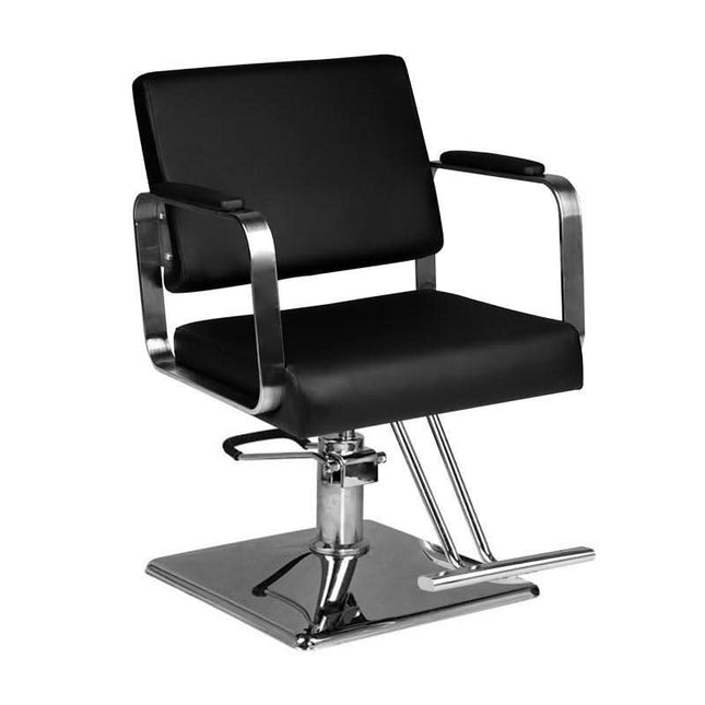 HAIR SYSTEM HS202 juoda kirpyklos kėdė – profesionali meistro darbo vieta su chromuotu pagrindu