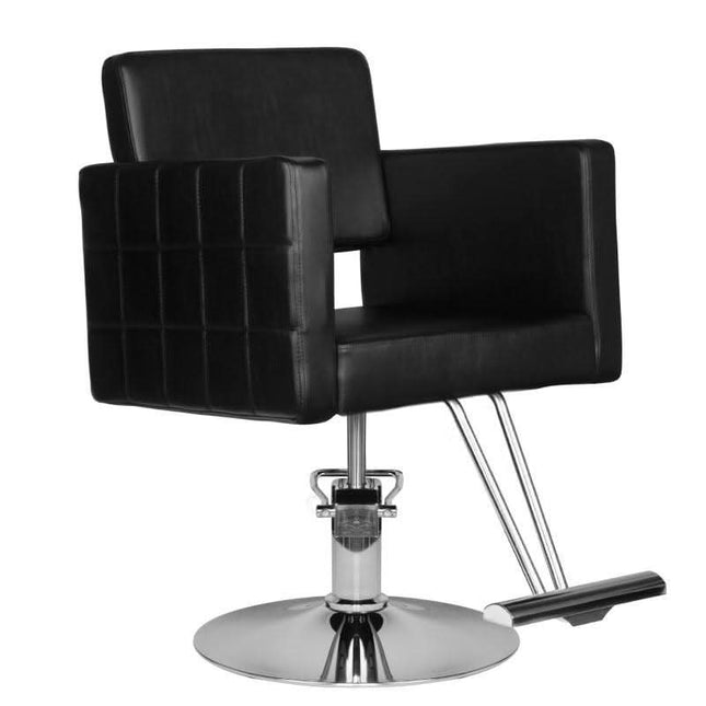 HAIR SYSTEM HS33 juoda kirpyklos kėdė – eko odos apmušalai, chromo detalės, salonų baldai