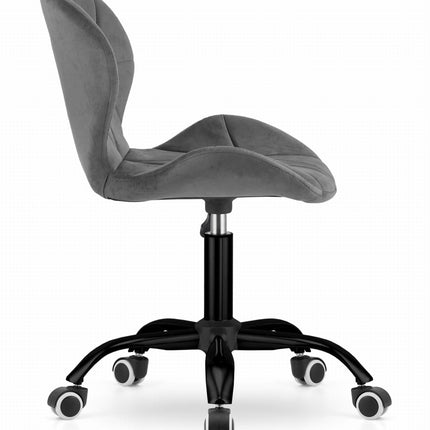 NOTO kėdė kirpyklai – tamsiai pilkas aksomas ir ergonomiška konstrukcija klientams