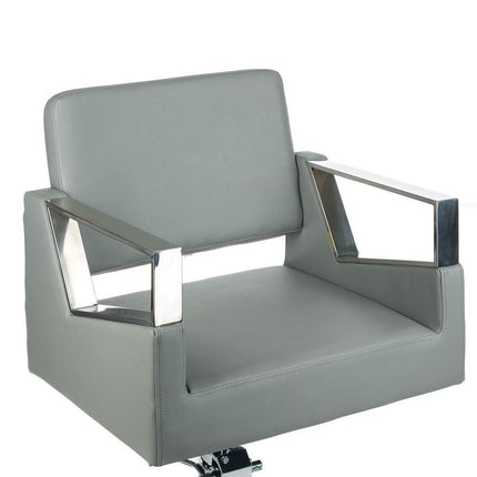 BS ARTURO BR-3936A kirpyklos kėdė moderniame salone – ergonomiška šviesiai pilka sėdėjimo vieta klientams