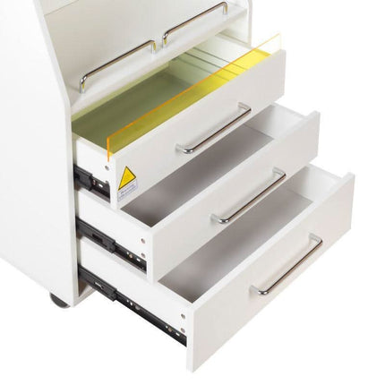 Baltas kosmetologinis vežimėlis BD-T601 su UV sanitizatoriumi BS – patogus instrumentų organizavimas kirpykloje