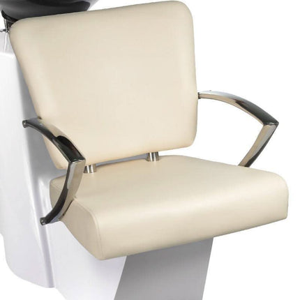 BS LIVIO BH-8012 kreminė plautuvė moderniame kirpyklos interjere su ergonomišku atsilošimu