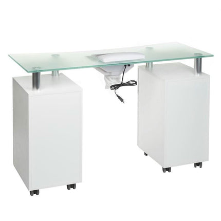 Baltas ergonomiškas manikiūro stalas BD-3425-1 su įmontuotu dulkių surinkėju – tvirta konstrukcija kirpyklai