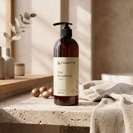 Masažo aliejus HABYS Nature Silky Macadamia, 500 ml su pompa - iš arti