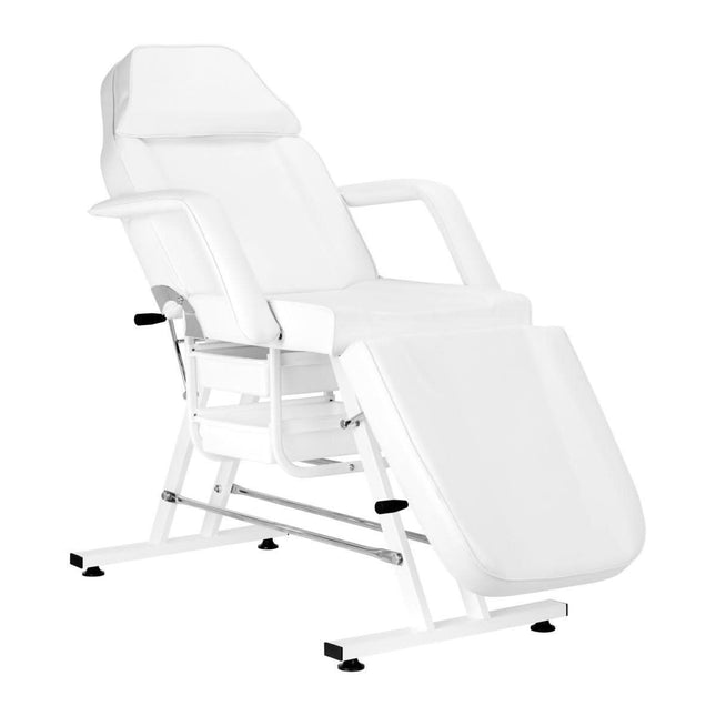 SILLON mechaninis kosmetologinis gultas su stalčiais baltas – funkcionalus grožio salono baldas kabineto įrangai