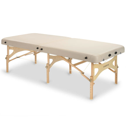 Feldenkrais Illan terapinis stalas salonui, ergonomiška smėlio spalvos danga ir medinis rėmas