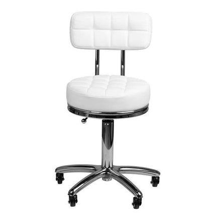 Balta ergonomiška darbo kėdė BeautyKit AM-877 – grožio salono baldas su atlošu kasdieniam profesionaliam naudojimui