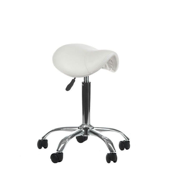BS meistro kėdė-balnas BD-9909 balta – ergonomiška sėdimoji vieta kosmetologijos ir manikiūro kabinetui