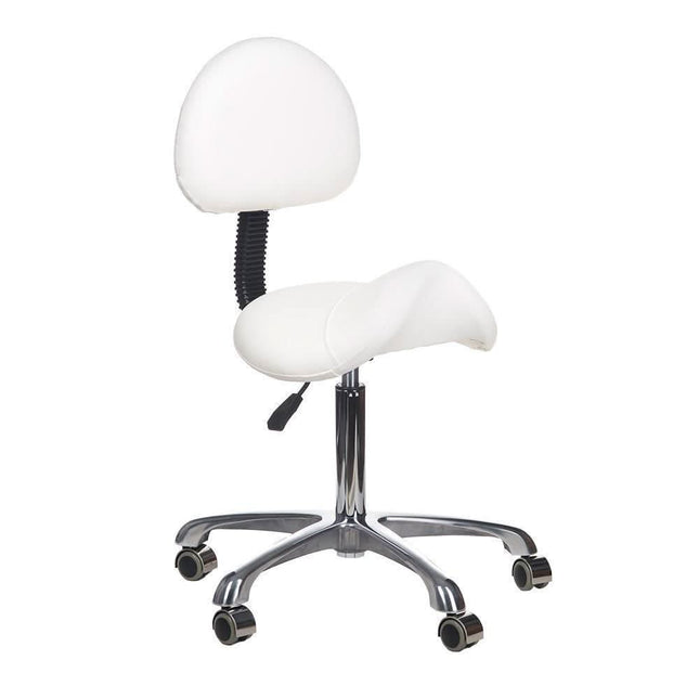 BS meistro kėdutė balnas BY-8373 balta – ergonomiška sėdima vieta kosmetologams ir manikiūro meistrėms