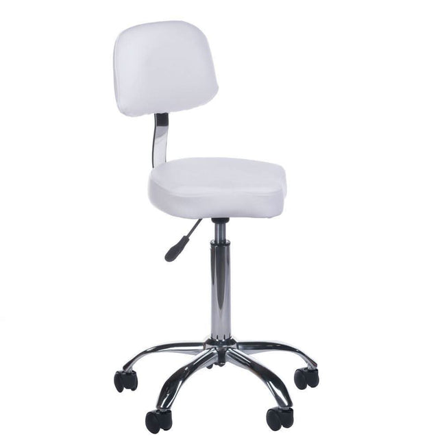BS meistro kėdutė su atlošu BH-7268 balta – ergonomiška sėdima vieta kosmetologijos kabinetui