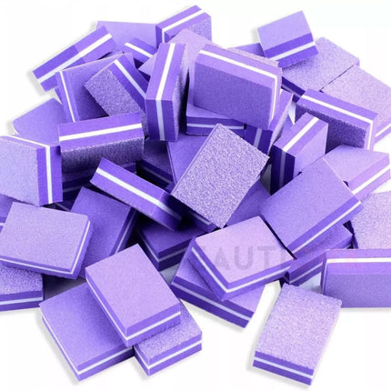 BeautyKit MINI poliravimo bokeliai 180/180 violetiniai 50 vnt – profesionaliam nagų šlifavimui salone