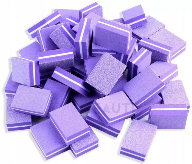 BeautyKit MINI poliravimo bokeliai 180/180 violetiniai 50 vnt – profesionaliam nagų šlifavimui salone