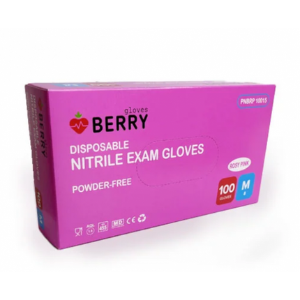 BERRY Gloves vienkartinės nitrilinės pirštinės Berry Rosy M rožinės – higieniška apsauga manikiūro salone