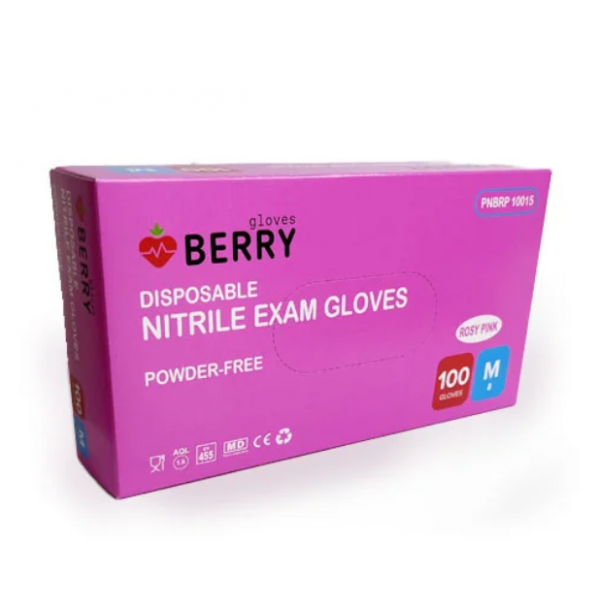 BERRY Gloves vienkartinės nitrilinės pirštinės Berry Rosy M rožinės – higieniška apsauga manikiūro salone