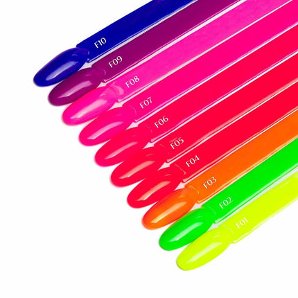 OCHO NAILS FLUO F06 hibridinis lakas nagų stilistams – profesionalus manikiūro produktas ryškiam rezultatui