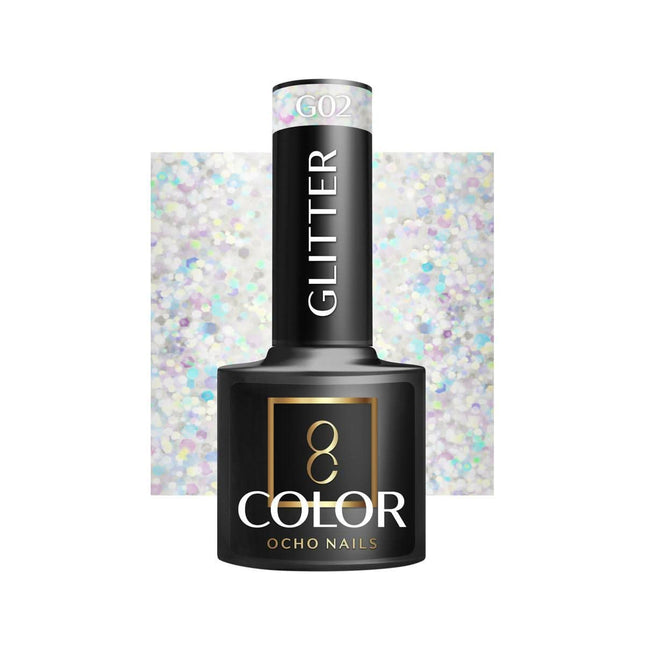 OCHO NAILS hibridinis nagų lakas GLITTER G02 5g su gliterio efektu – intensyvi pigmentacija ir patvarumas iki 3 savaičių