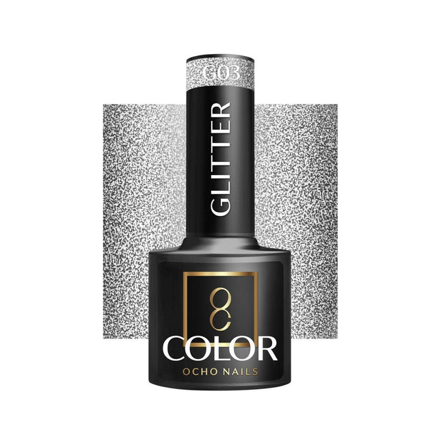 OCHO NAILS hibridinis nagų lakas GLITTER G03 5g su blizgučių efektu – profesionalus manikiūro lakas nagų stilistams