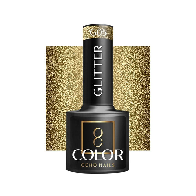 OCHO NAILS hibridinis nagų lakas GLITTER G05 5g – blizgesio dalelėmis sodrintas manikiūro lakas nagų stilistams