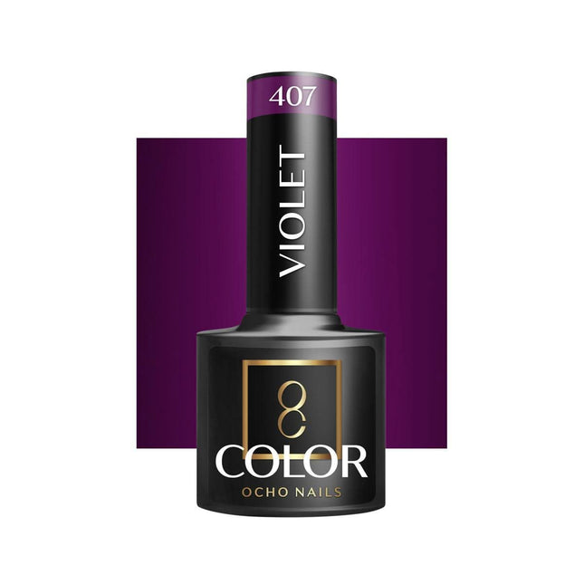 OCHO NAILS hibridinis nagų lakas VIOLET 407 5g – violetinė spalva manikiūrui, greitas kietinimas, ilgalaikis patvarumas