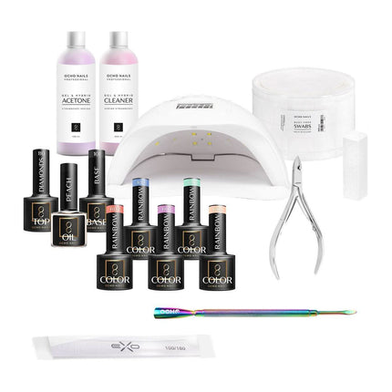 OCHO NAILS manikiūro rinkinys 4 – hibridinių nagų komplektas su lakais, baze, topu ir UV/LED lempa profesionaliam manikiūrui