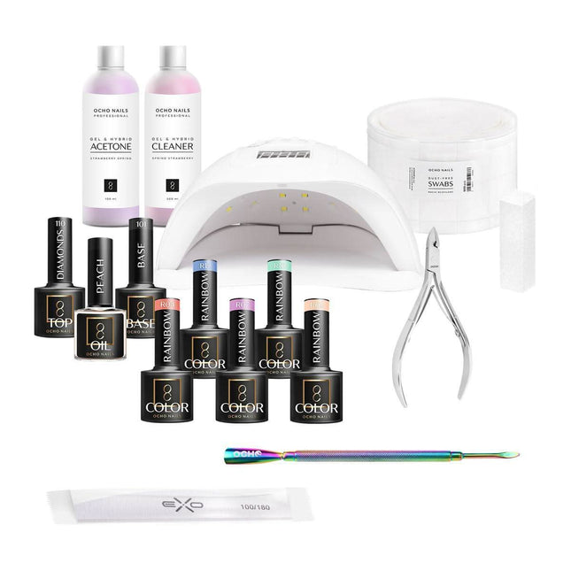 OCHO NAILS manikiūro rinkinys 4 – hibridinių nagų komplektas su lakais, baze, topu ir UV/LED lempa profesionaliam manikiūrui