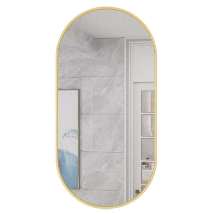 Hurtmeblowy ovalus veidrodis auksiniu rėmu 80x40cm – elegantiškas sprendimas grožio salonui