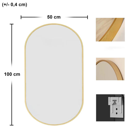 Grožio salono sieninis ovalus veidrodis su auksiniu rėmu, 80x40cm – funkcionalumas ir estetika