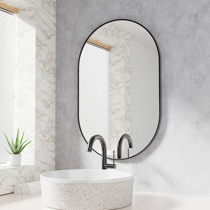 Hurtmeblowy saloninis ovalus veidrodis 100x50cm – elegantiškas juodas rėmas kirpėjo darbo vietai