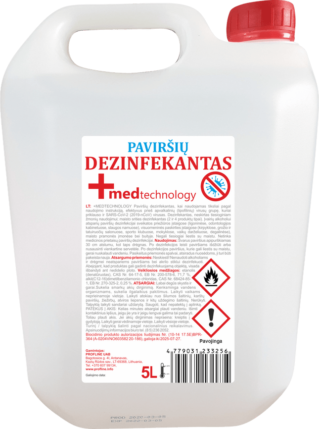Paviršių dezinfekantas +MEDtechnology, 5 L (atitinka Lietuvos higienos reikalavimus) - Beauty Kit