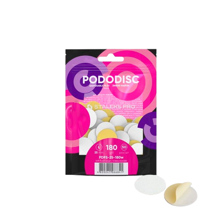 STALEKS PODODISC L EXPERT vienkartinės baltos pedikiūro dildės #180 grūdetumas, 50 vnt. pakuotė profesionaliam naudojimui