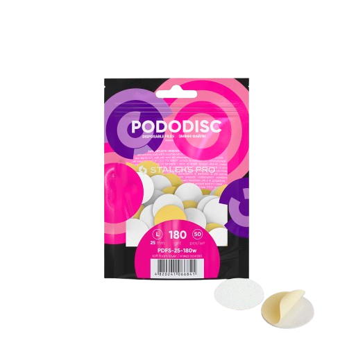 STALEKS PODODISC L EXPERT vienkartinės baltos pedikiūro dildės #180 grūdetumas, 50 vnt. pakuotė profesionaliam naudojimui