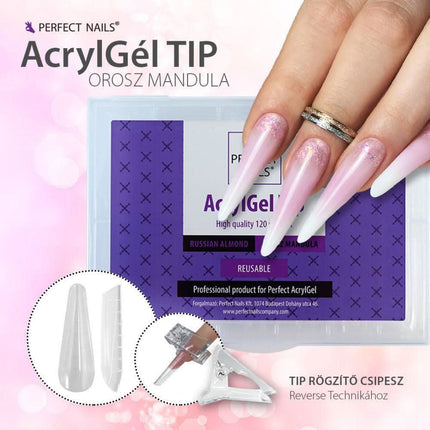 Perfect Nails 120 vnt. akrigelio reverse tipsų komplektas – rusiškai technikai skirti migdolo formos nagų pratęsimo tipsai profesionalams