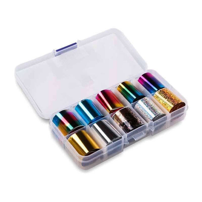 Perfect Nails Transfer Foil Rainbow vaivorykštinė folija nagų dailei profesionaliam manikiūrui, 10 vnt. rinkinys