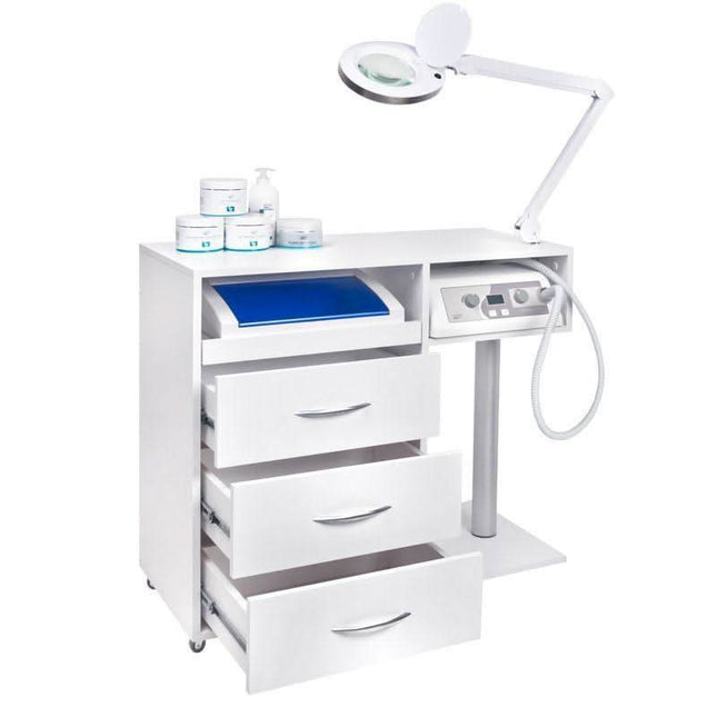 BeautyKit Podologijos vežimėlio Y-300 rinkinys – profesionali darbo vieta su freza, dulkių surinkėju, didinamąja lempa ir UV-
