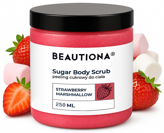 Beautiona cukrinis kūno šveitiklis Strawberry & Marshmallow 250ml – profesionalus odos šveitimas salonams