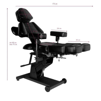 PRO INK 606 juoda kėdė – pėdų atrama ir sėdynės reguliavimas profesionalioms tatuiruočių procedūroms