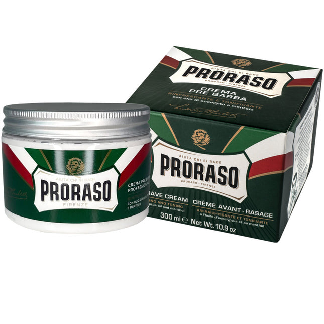 PRORASO Green Line gaivinantis skutimosi kremas su eukaliptu 300ml – profesionali odos paruošimo priemonė barberių salonams