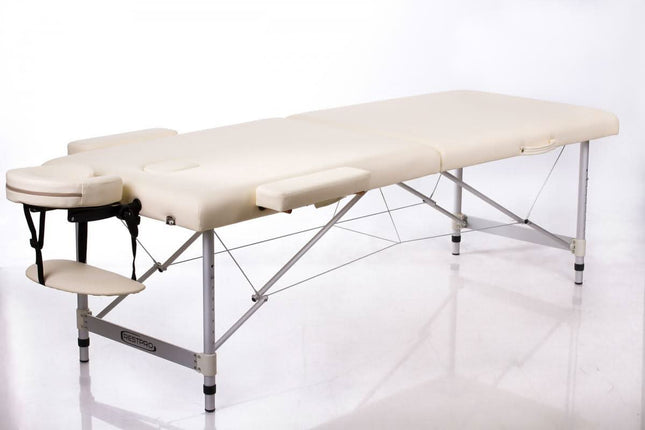 RESTPRO ALU 2 (L) CREAM nešiojamas masažo stalas – profesionali kreminė kušetė salonams