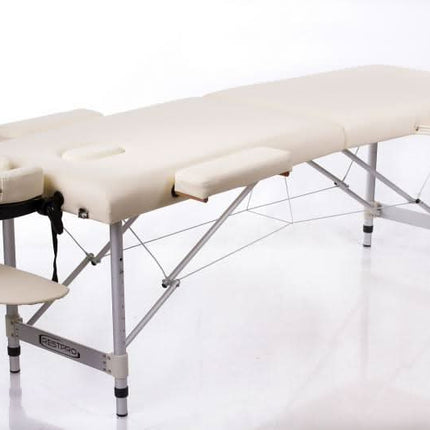 RESTPRO ALU 2 (S) kreminis sulankstomas masažo stalas – profesionali kušetė salonams ir klinikoms