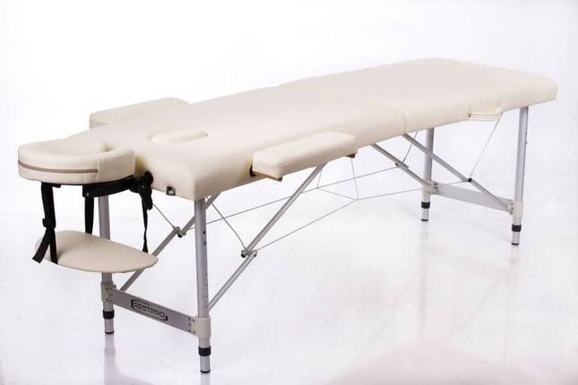 RESTPRO ALU 2 (S) kreminis sulankstomas masažo stalas – profesionali kušetė salonams ir klinikoms