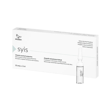 SYIS vitaminų kokteilis ampulėse 10x3ml – vitamino C, hialurono rūgšties ir niacinamido formulė odos švytėjimui