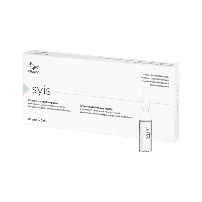 SYIS vitaminų kokteilis ampulėse 10x3ml – vitamino C, hialurono rūgšties ir niacinamido formulė odos švytėjimui