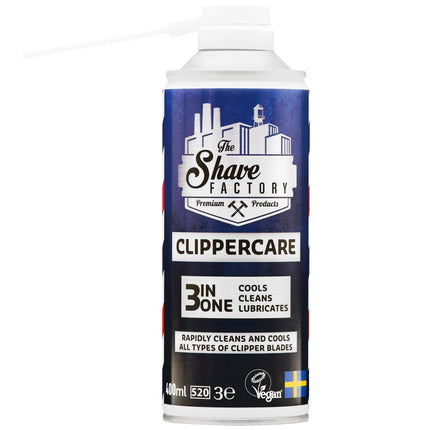 The Shave Factory Clippercare 3in1 kirpimo mašinėlių priežiūros purškiklis 400ml – tepimas, valymas ir aušinimas profesionalioms kirpykloms