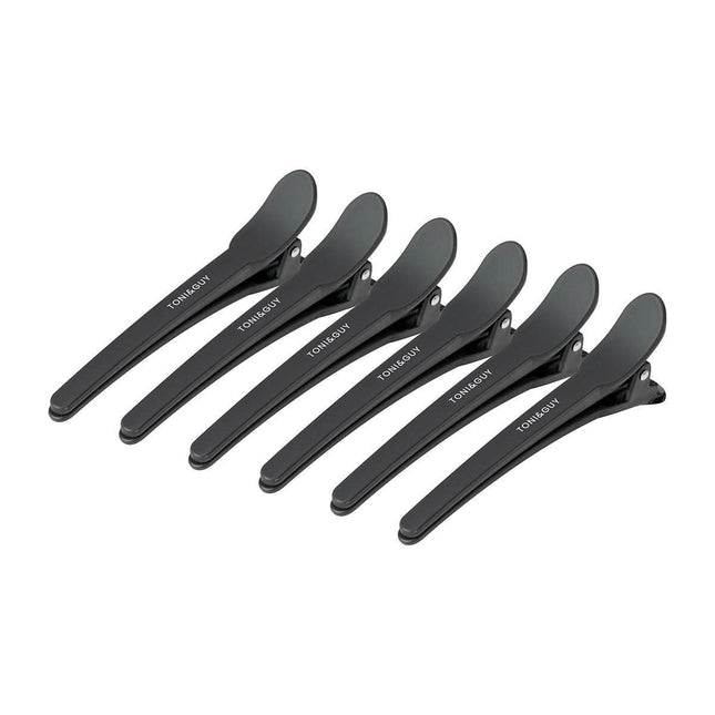 TONI&GUY E-17 plaukų segtukai, 12 vnt., 10,5 cm, juodi – profesionalūs kirpyklos įrankiai iš aliuminio ir plastiko