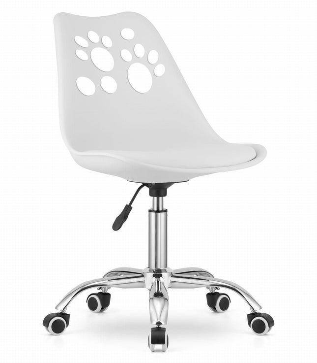 Hurtmeblowy vaikiška kėdė PRINT balta – ergonomiška sėdėjimo vieta kirpyklų jauniesiems klientams