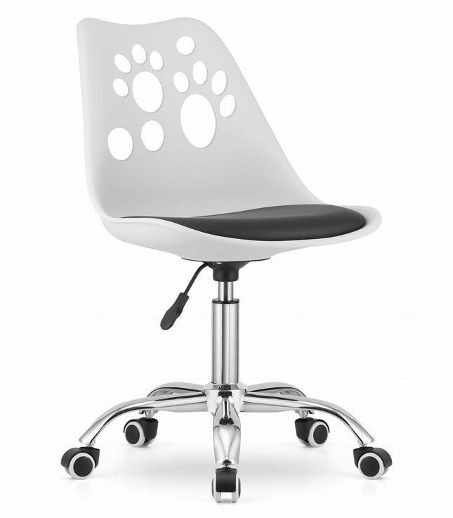 Hurtmeblowy vaikiška kėdė PRINT balta ir juoda – ergonomiška sėdima vieta vaikų kirpyklai