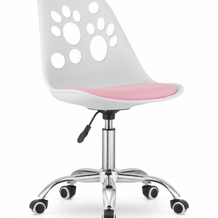 Hurtmeblowy vaikiška kirpyklos kėdė PRINT balta ir rožinė – ergonomiška sėdima vieta mažiesiems klientams