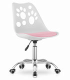 Hurtmeblowy vaikiška kirpyklos kėdė PRINT balta ir rožinė – ergonomiška sėdima vieta mažiesiems klientams