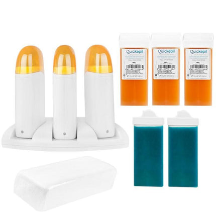 BeautyKit VALENCIA depiliacijos rinkinys: 3 vaško šildytuvai, 5 vaško kasetės, 100 depiliacinių juostelių ir pirštinės