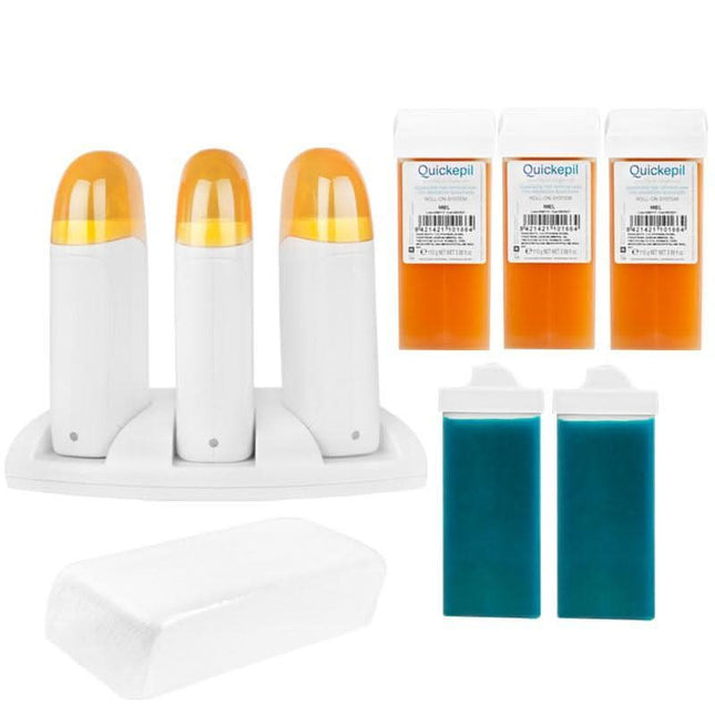 BeautyKit VALENCIA depiliacijos rinkinys: 3 vaško šildytuvai, 5 vaško kasetės, 100 depiliacinių juostelių ir pirštinės